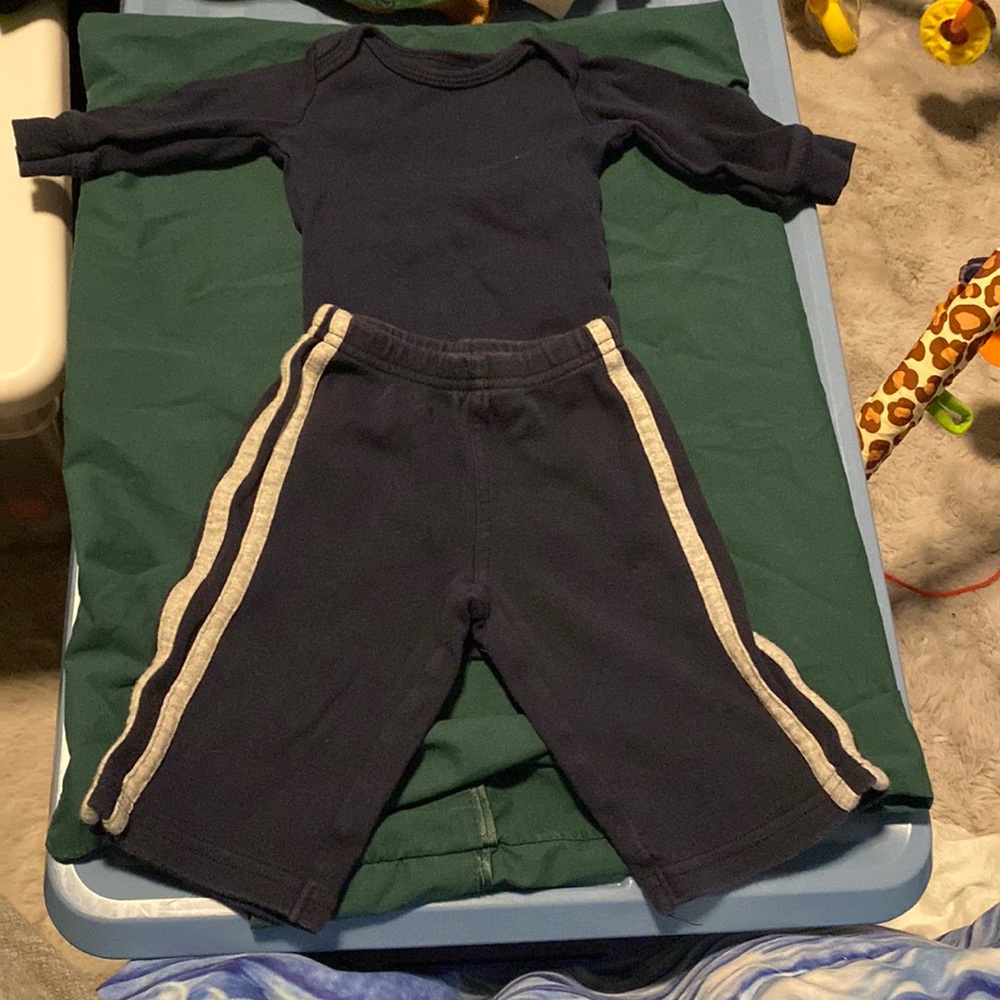 Carters onesie, sweat pants navy blue